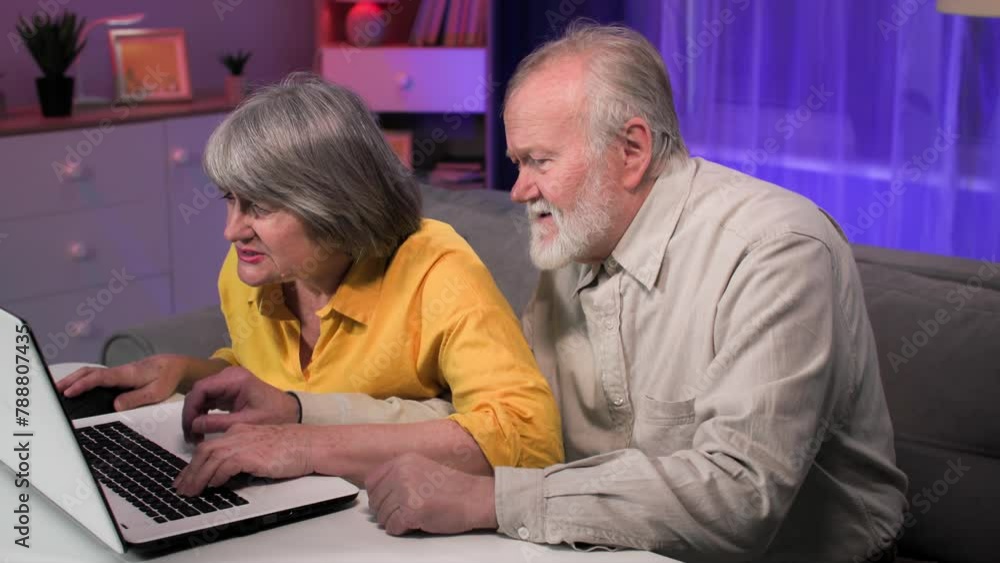 modern entertainment for pensioners, old man and elderly woman play computer games on a laptop computer while sitting at a table in room modern entertainment for pensioners, old man and elderly woman play computer games on a laptop computer while sitting at a table in room