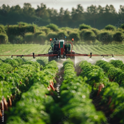 Autonomous farming equipment spraying pesticide in a vibrant carrot field  crisp morning air visible--ar 5 2