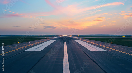A photo capturing the view down the length of an airport runway, showcasing. AI Created. photo