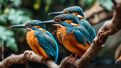Riverside Gems: A Group of Colorful Kingfishers Perched on Overhanging Branches, Bringing Vibrant Hues to the Riverbank photo