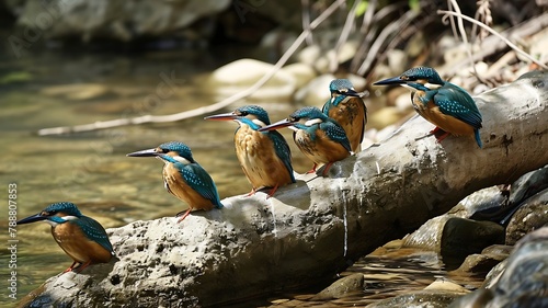 Riverside Gems: A Group of Colorful Kingfishers Perched on Overhanging Branches, Bringing Vibrant Hues to the Riverbank