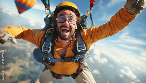 Thrilling skydiver, euphoric mid-air moment, wide smile and outstretched arms against a sunny sky. Exhilarating freefall adventure captured. Active people, extreme time spending concept image