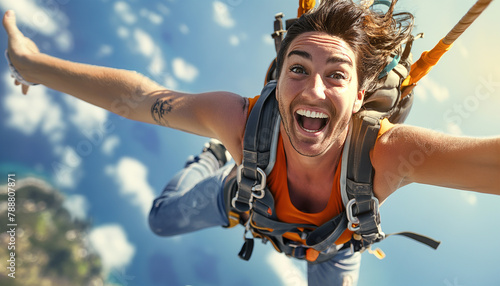Man's thrill bungee jumping from hot-air balloon captures excitement, adventure, and adrenaline. With joyful expression, he embraces freefalling, embodying bravery, fearlessness in daring activity