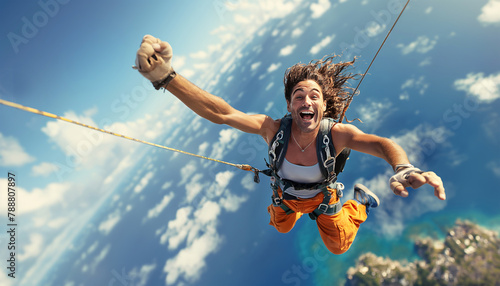Man's thrill bungee jumping from hot-air balloon captures excitement, adventure, and adrenaline. With joyful expression, he embraces freefalling, embodying bravery, fearlessness in daring activity photo