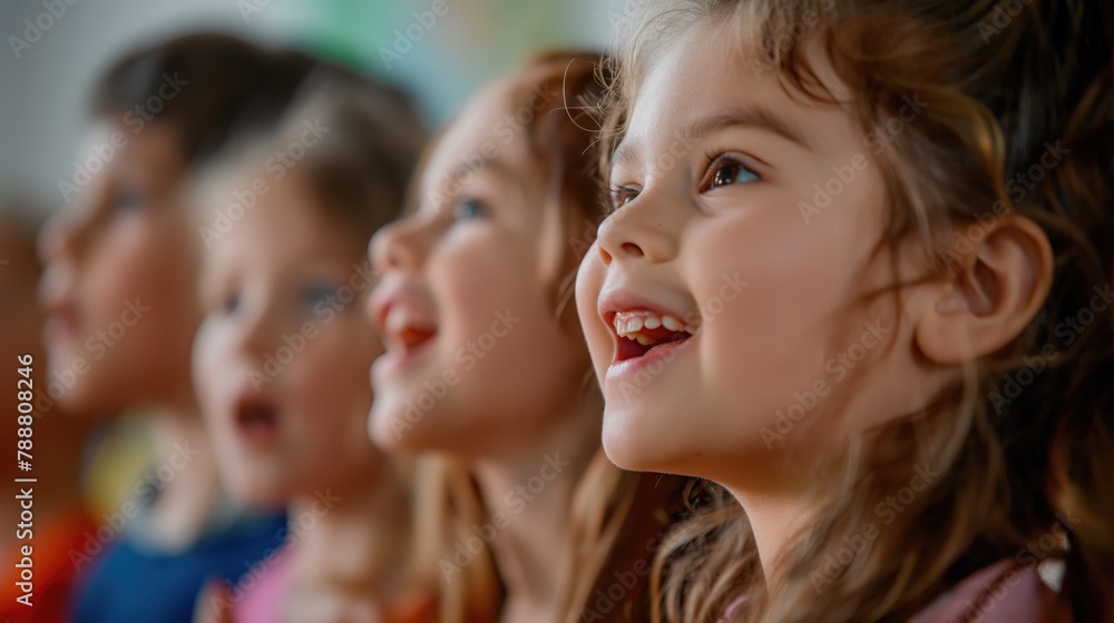 Portrait photo of diverse elementary school children singing in light music class Portrait photo of diverse elementary school children singing in light music class