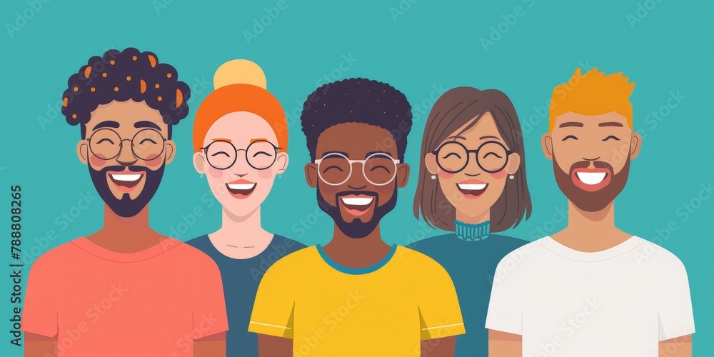 Vibrant illustrated portrait of five diverse smiling adults in colorful attire, expressing friendship and unity, ideal for themes of inclusivity and connection. Vibrant illustrated portrait of five diverse smiling adults in colorful attire, expressing friendship and unity, ideal for themes of inclusivity and connection.