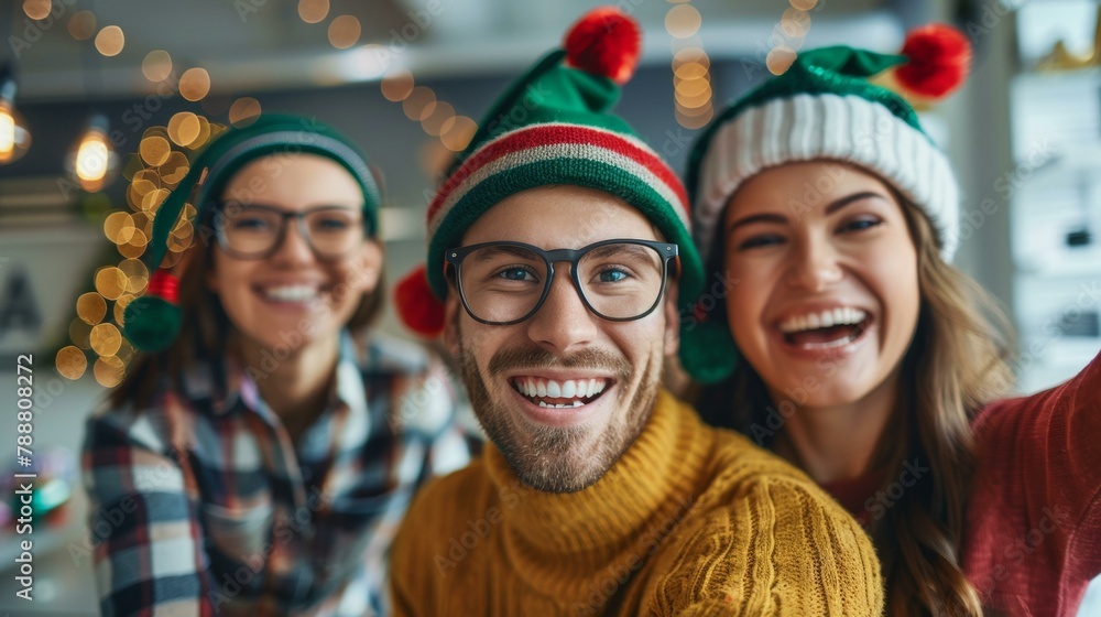 Joyful group of three friends in festive hats celebrating Christmas, warm sweaters in red, yellow, festive lights blurred in background, holiday mood. Joyful group of three friends in festive hats celebrating Christmas, warm sweaters in red, yellow, festive lights blurred in background, holiday mood.