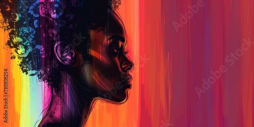 Vibrant profile of young Black woman against colorful backdrop, enhanced with artistic flair, evoking emotions of pride and cultural celebration. Copy space.