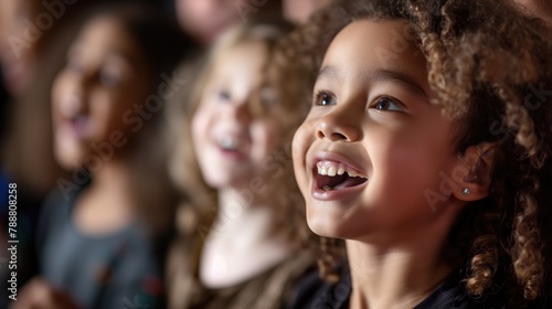 Portrait photo of diverse elementary school children singing in light music class
