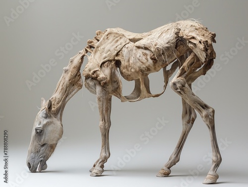 A skeleton horse is shown in a very detailed and realistic manner. Concept of sadness and loss, as the horse's bones are exposed and its body is in a state of decay photo