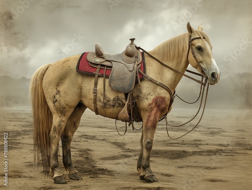 A horse with a red saddle is standing in a desert. The horse is wearing a bridle and has a saddle on its back