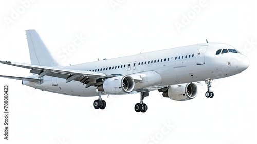 Short Passenger Jet (A319) in flight from front left Isolated on white background