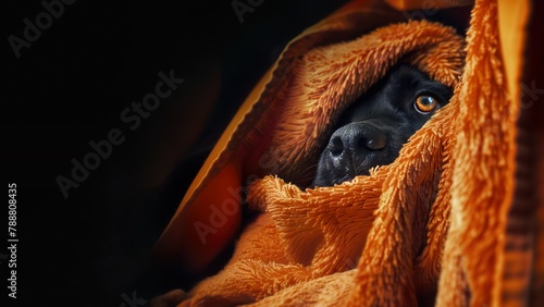 A black labrador retriever hides under an orange blanket.