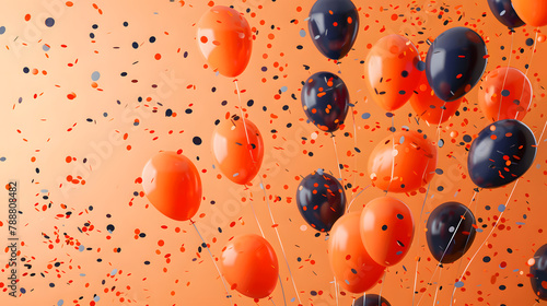 A swirl of orange and blue balloons and confetti dance in the air