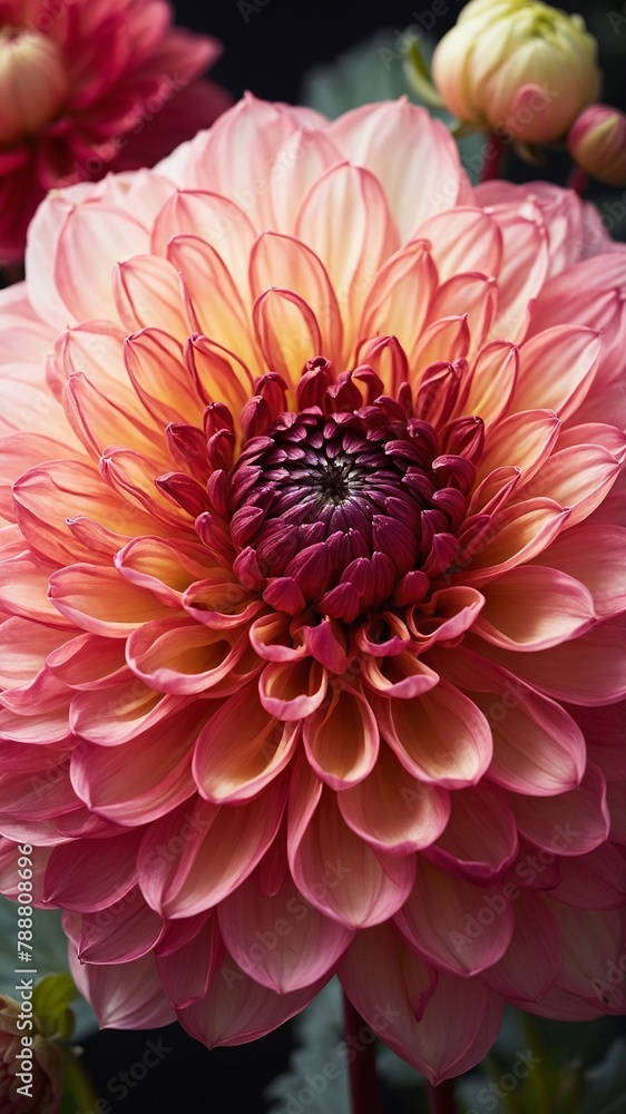 Vibrant dahlia flower, with petals transitioning from deep burgundy at center to soft pink towards edges, in full bloom, capturing essence of natural beauty, intricacy. Vibrant dahlia flower, with petals transitioning from deep burgundy at center to soft pink towards edges, in full bloom, capturing essence of natural beauty, intricacy.