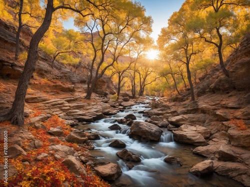 Serene  picturesque scene unfolds where gentle stream flows gracefully through rocky landscape  surrounded by warm hues of autumn foliage. Golden leaves of trees  kissed by sun.