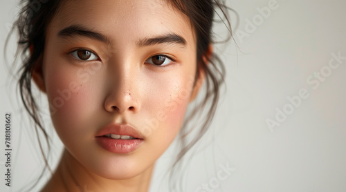 Closeup studio portrait of a female Asian model with a smooth complexion. Skin care and cosmetics