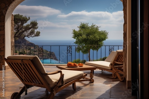 A Tranquil Afternoon at a Hillside Mediterranean Villa Overlooking the Sparkling Azure Sea and Lush Olive Groves