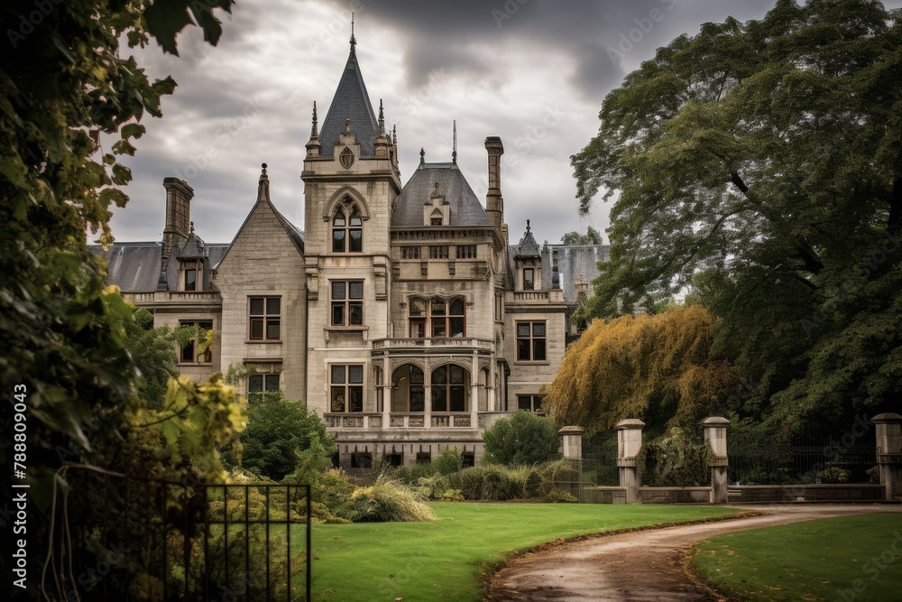 A Serene Afternoon at the Cemetery Administration Building, Showcasing its Gothic Architecture and Lush Surrounding Landscape