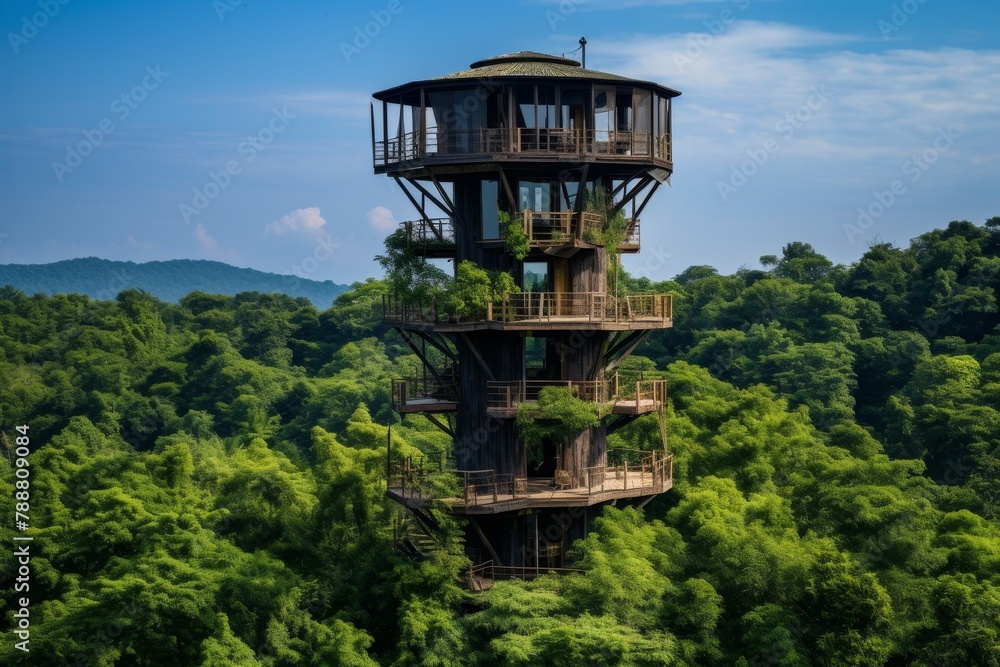 A Majestic Bird Watching Tower Overlooking a Lush Green Forest, Perfect for Nature Enthusiasts and Wildlife Photographers