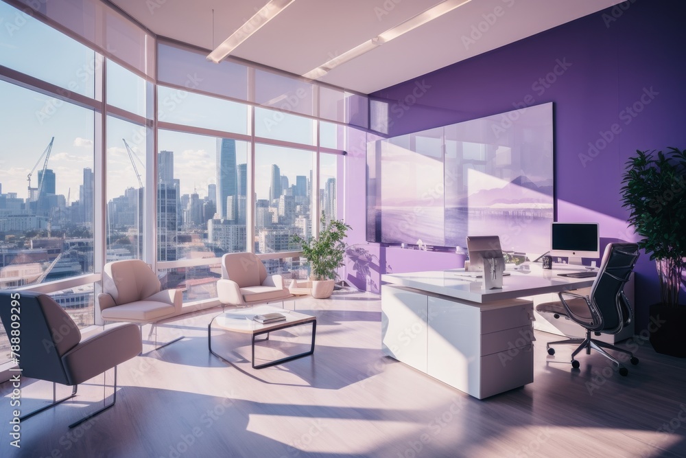 A Bright and Spacious Office Space with Lavender Walls, Modern Furniture, and Large Windows Overlooking the Cityscape