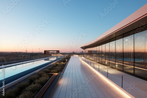 A Modern Semi-Transparent Recreational Center with a Rooftop Running Track Overlooking the Cityscape at Dusk