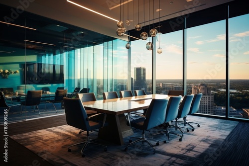 A Modern Teal Conference Room with Large Glass Windows Overlooking the City  Equipped with High Tech Gadgets and Comfortable Seating