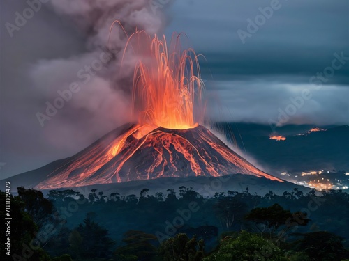 Volcán en erupción, cenizas en el aire