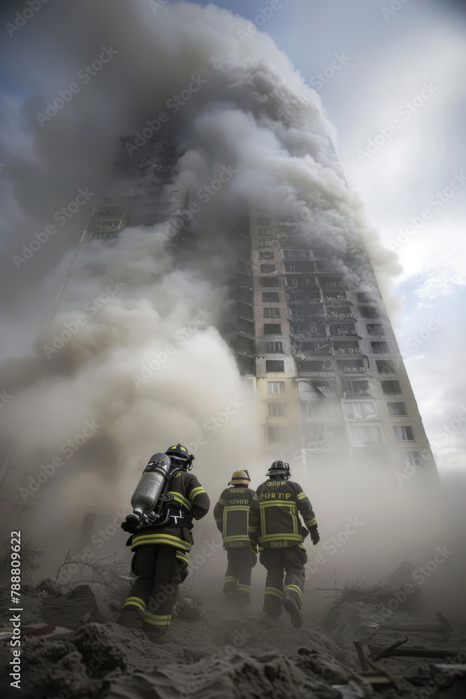 Group of firemen in uniform standing in front of a high-rise building, ready for action