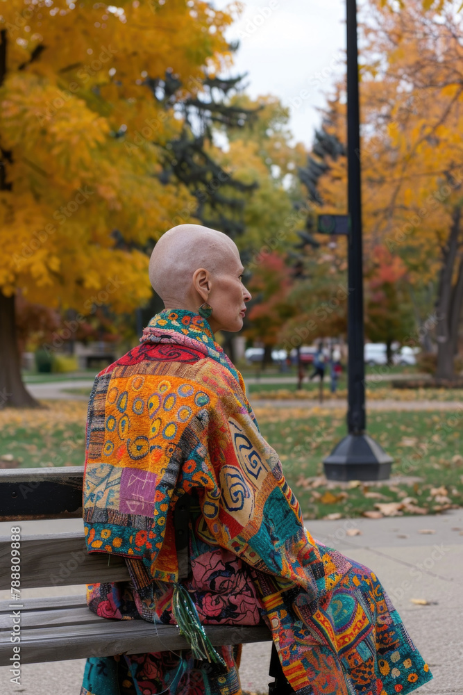 A person with a bald head, draped in a colorful patterned shawl, is seated on a park bench surrounded by fallen autumn leaves