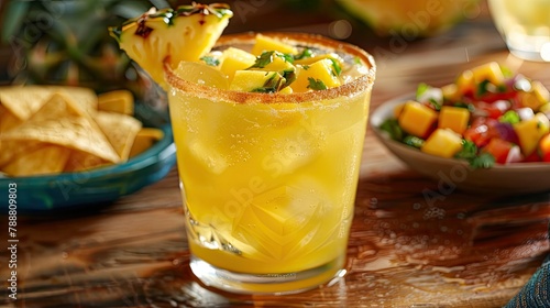 Indulge in a zesty pineapple and mango margarita that s as refreshing as a summer breeze perfectly paired with crunchy chips and zesty salsa photo