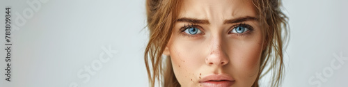 A close-up view of a womans face, with striking blue eyes that stand out against her skin