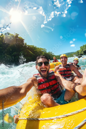 A group of individuals navigate down a river on a raft, enjoying the thrill and adventure of the flowing water