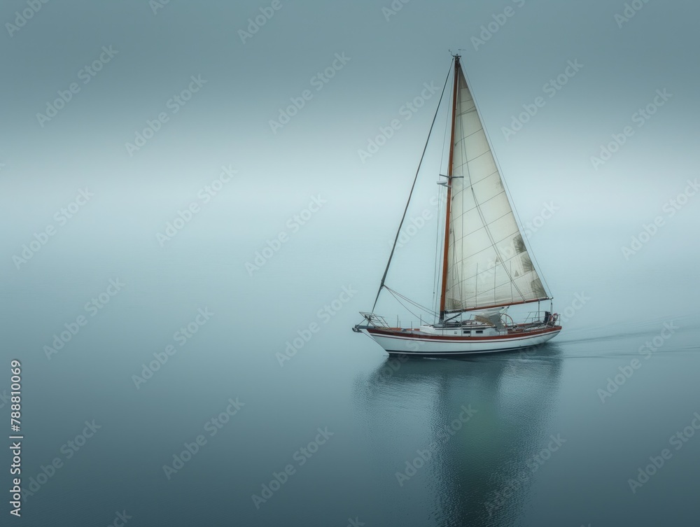 A sailboat is sailing on a calm body of water. The sky is overcast and the water is still