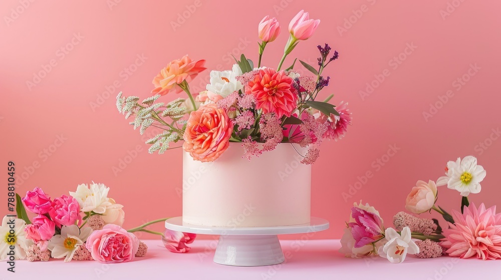 Celebrate Women s Day with a vibrant decoration theme featuring flowers against a soft pink pastel backdrop Celebrate Women s Day with a vibrant decoration theme featuring flowers against a soft pink pastel backdrop