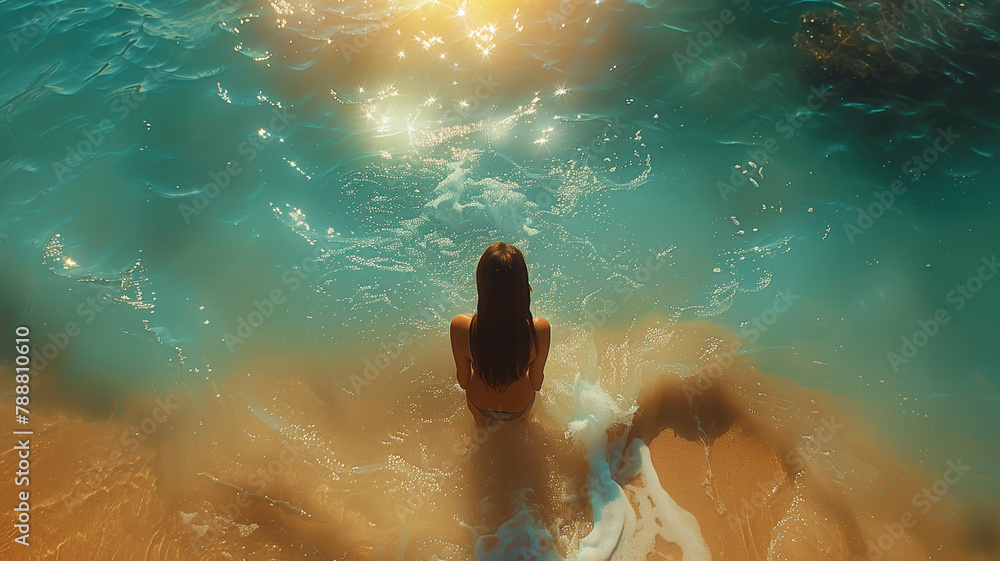 A woman is standing in the ocean, looking out at the water. The scene ...