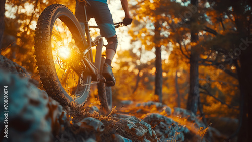 Mountain biker rides through golden autumn forest, embracing thrill of adventure as sun sets. rugged terrain challenges both skill and spirit, creating exhilarating outdoor experience. Wheel close-up