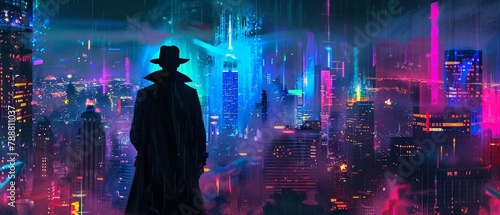 Detective silhouette holographic city