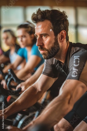 Focused cyclists in spin class row perspective © Creative_Bringer