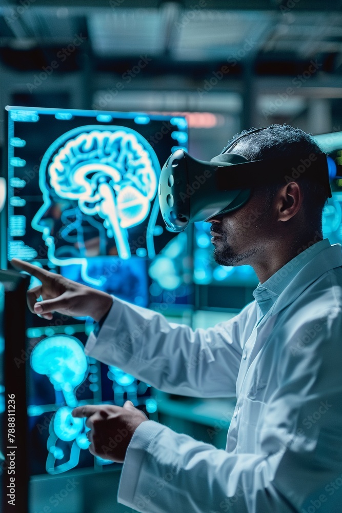 Scientist with VR headset interactive 3D brain model