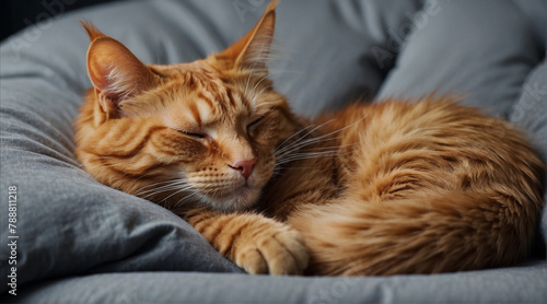 A reddish adult cat is sleeping in a cozy gray bed, against a beautiful backdrop, a beautiful ginger cat, a domestic pet.
