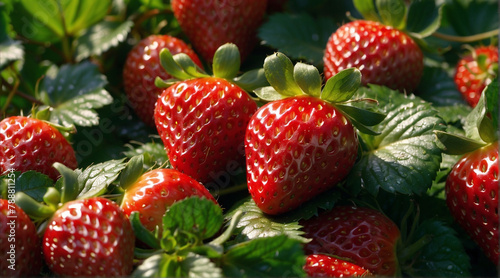 On the background, delicious ripe red strawberries grow in the sun on a bed, green strawberry bushes, appetizing berries, growing strawberries with leaves