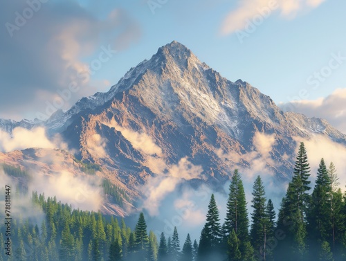 A mountain range with a snow covered peak and a few trees in the foreground