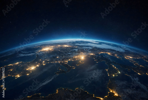Night of Planet Earth globe from space view with city light of each country on land and sunlight  Galaxy and space concept.