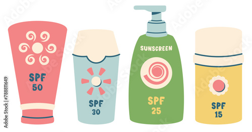 Set of sunscreen bottles isolated. Different Sunscreen lotions, creams, gel in plastic color packaging. Beach items for summer relaxing. Summer elements for healthy safe tanning. Vector illustration