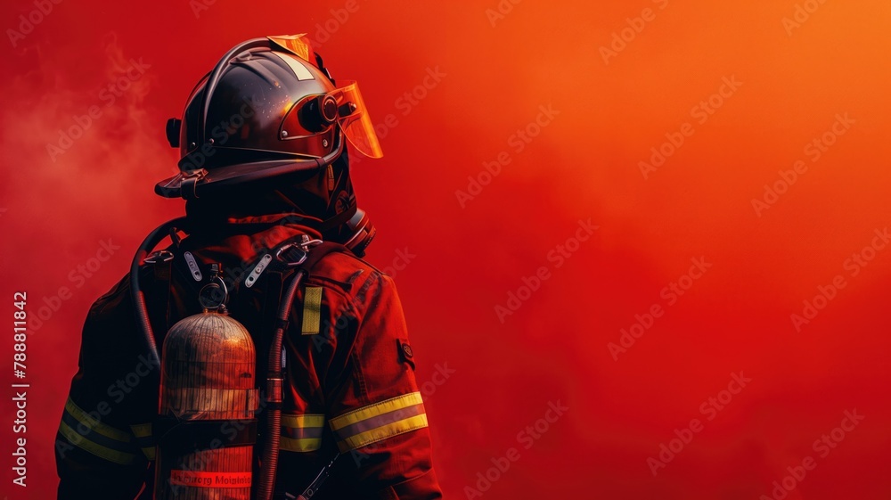 Firefighter in full gear against red background Firefighter in full gear against red background