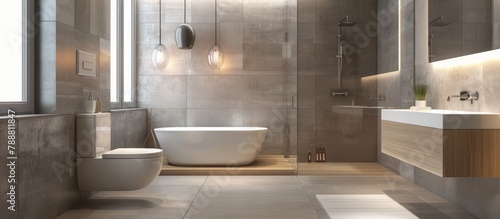 Contemporary bathroom design featuring a simplistic shower and lighting setup, along with a white toilet, sink, and bathtub.