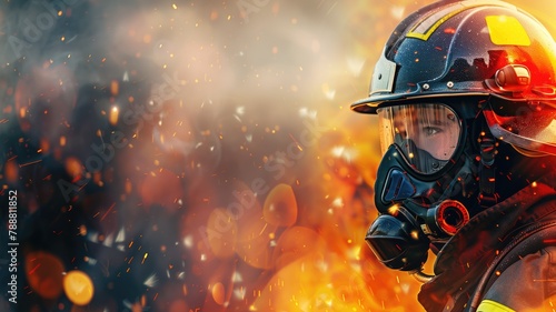 Firefighter in protective gear with blazing fire background