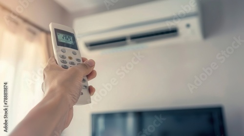 woman holding air conditioning control in her home