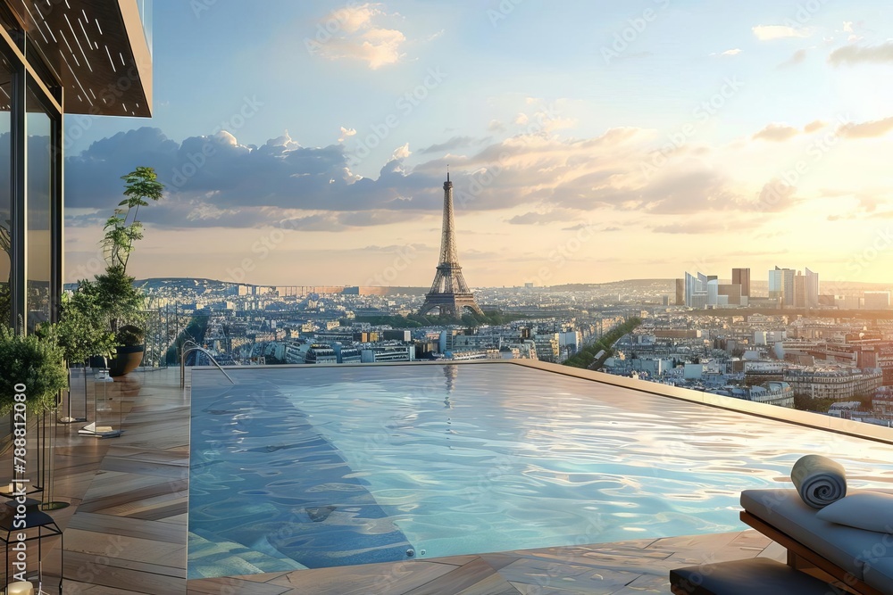luxurious penthouse terrace with infinity pool overlooking paris skyline ai generated image